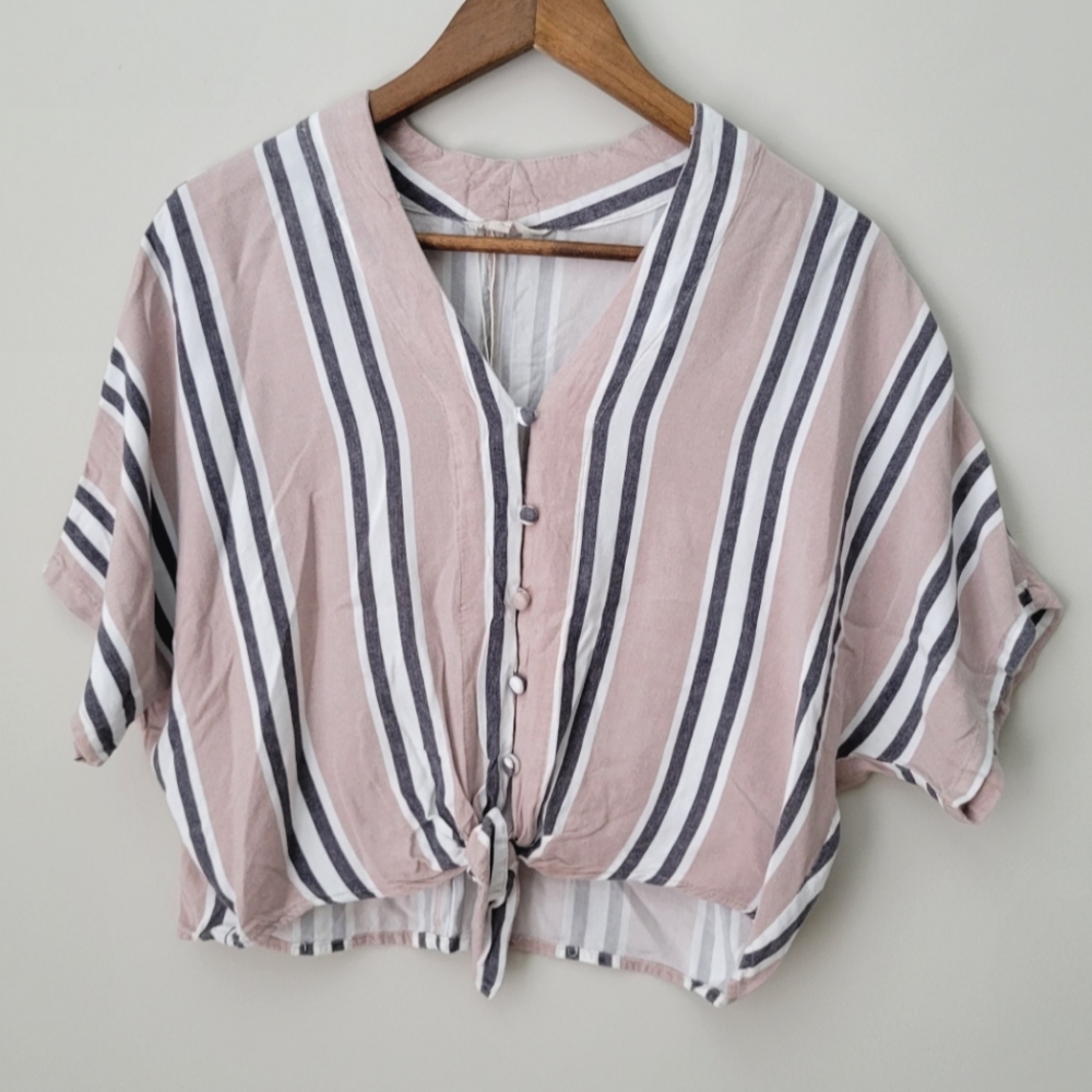 Blush, White, Blue Stripped Crop-Top Shirt (Small)